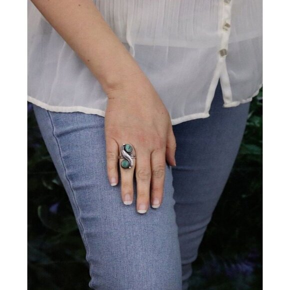 Sterling Silver Natural Blue and Green Turquoise Ring Size 6 - Picture 4 of 7